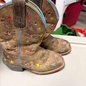Kids Brown Star-Accent Western Boots with Blue Trim